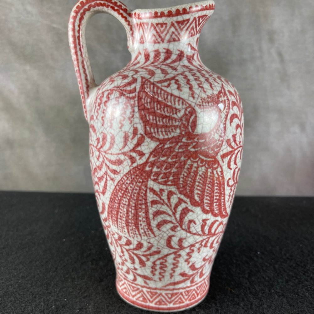 Vintage Japanese Pitcher With Beautiful Hand Painted Red Bird Design
